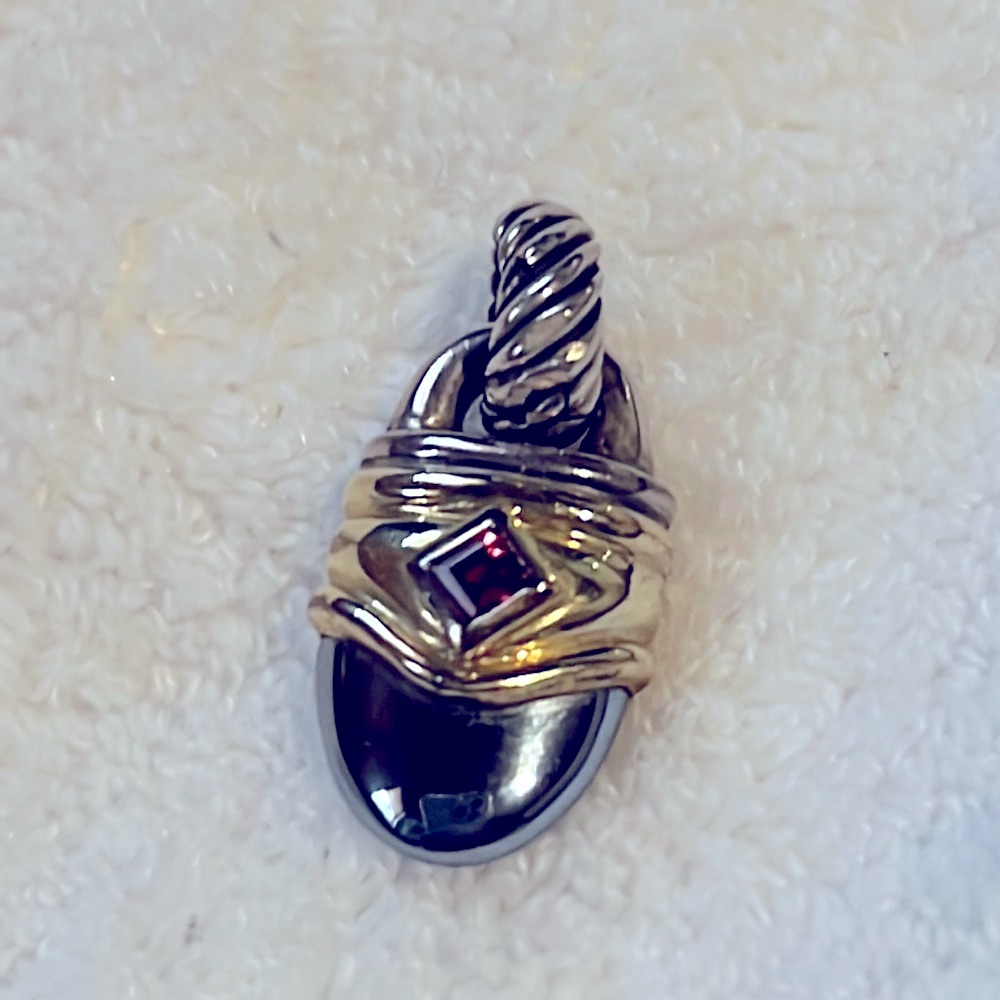 David Yurman Necklace Charm - Silver, Gold, Garnet